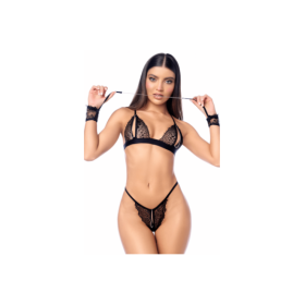Ensemble sexy 4 pièces peek-a-boo avec chaînes, menottes et masque 